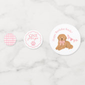 Pink Gingham One Golden Year Puppy Birthday Table コンフェッティ (正面)