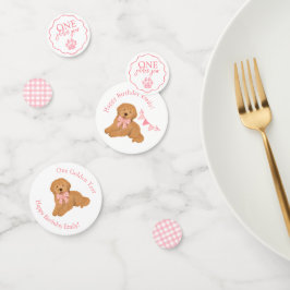 Pink Gingham One Golden Year Puppy Birthday Table コンフェッティ