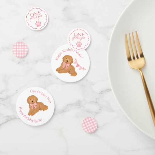 Pink Gingham One Golden Year Puppy Birthday Table コンフェッティ (グループ)