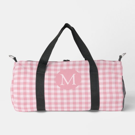 Pink Gingham Pattern Girly Checker Plaid Monogram ダッフルバッグ (正面)