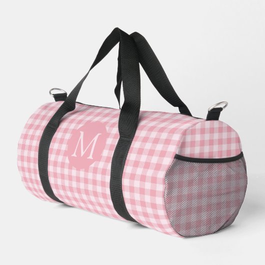 Pink Gingham Pattern Girly Checker Plaid Monogram ダッフルバッグ (右コーナー)