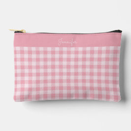 Pink Gingham Pattern Girly Checkered Plaid Name アクセサリーポーチ