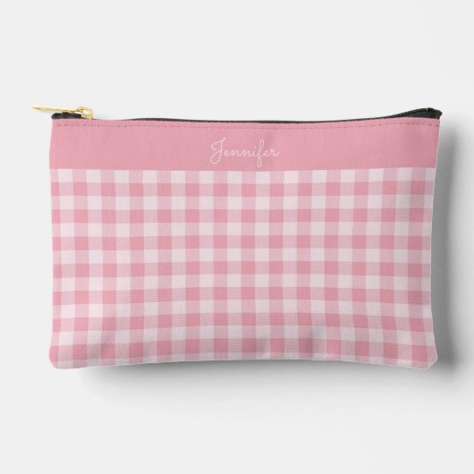 Pink Gingham Pattern Girly Checkered Plaid Name アクセサリーポーチ (正面)