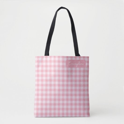 Pink Gingham Pattern Girly Checkered Plaid Name トートバッグ (正面)