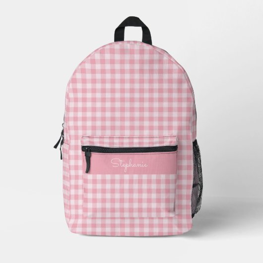 Pink Gingham Pattern Girly Checkered Plaid Name プリントバックパック (正面)