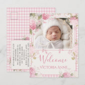 Pink Gingham Photo Vintage Hydrangeas Birth 案内ポストカード (正面/裏面)