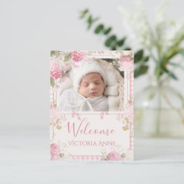 Pink Gingham Photo Vintage Hydrangeas Birth 案内ポストカード