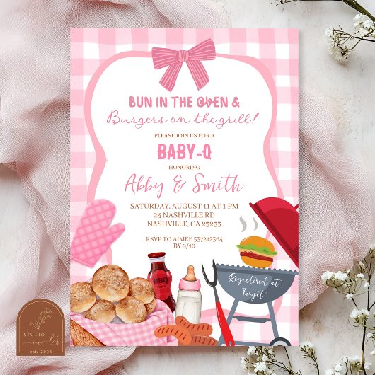 Pink Gingham Plaid BabyQ baby shower Invitation 招待状
