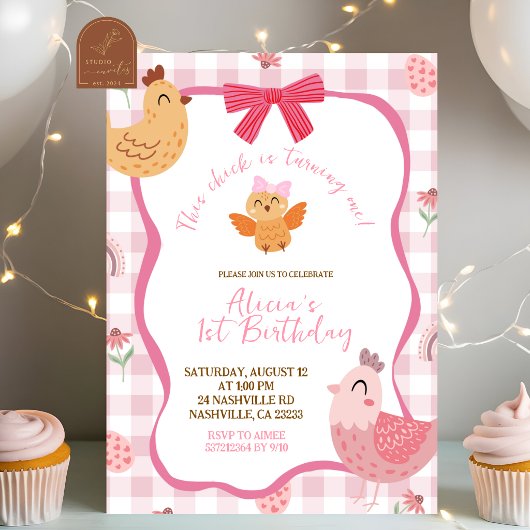 Pink Gingham Plaid Chick 1st Birthday Invitation 招待状
