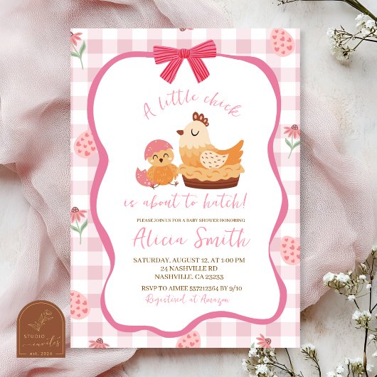 Pink Gingham Plaid Chick Baby Shower Invitation 招待状