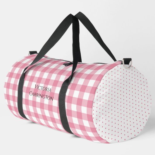 Pink Gingham Polkadot Vintage Personalized ダッフルバッグ (左コーナー)