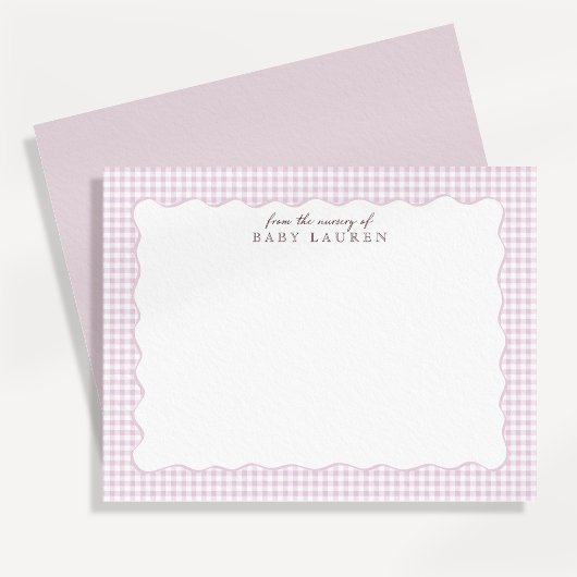 Pink Gingham Preppy Wavy Frame Nursery Note Card 招待状