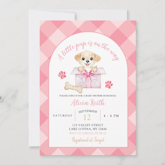Pink Gingham Puppy Baby Shower 招待状 (正面)