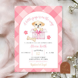 Pink Gingham Puppy Baby Shower 招待状