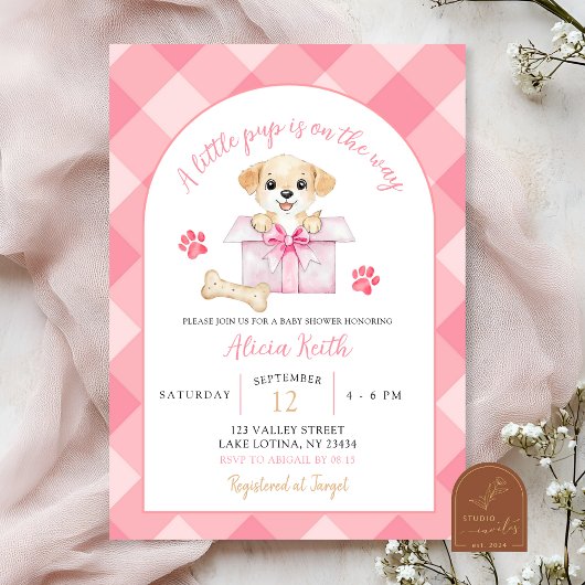 Pink Gingham Puppy Baby Shower 招待状