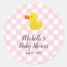 Pink Gingham Rubber Duckie Baby Shower ラウンドシール