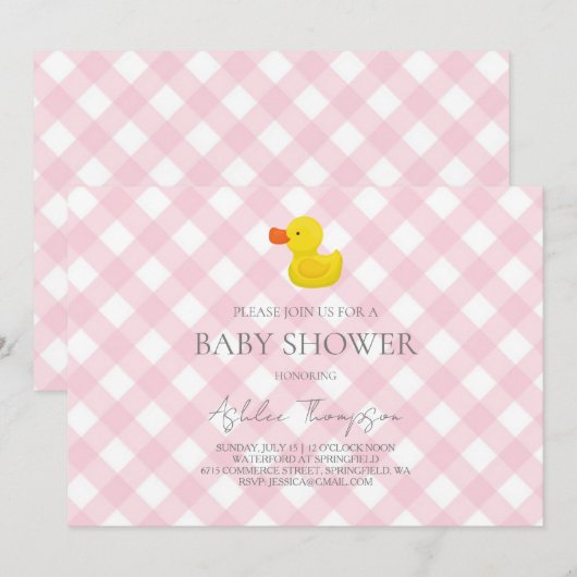 Pink Gingham Rubber Duckie Baby Shower 招待状 (正面/裏面)