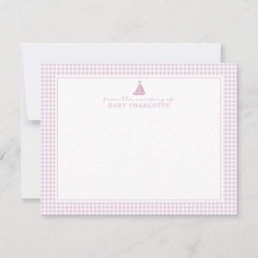 Pink Gingham Sailboat Nursery Note Card 案内状 (正面)
