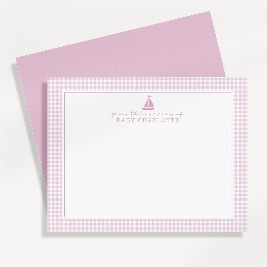 Pink Gingham Sailboat Nursery Note Card 案内状