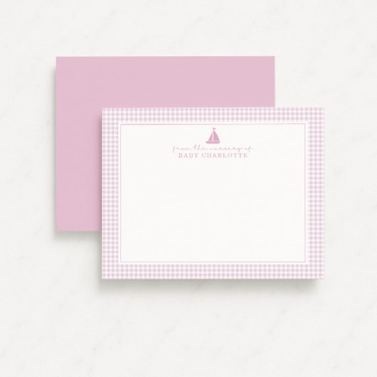Pink Gingham Sailboat Nursery Note Card 案内状