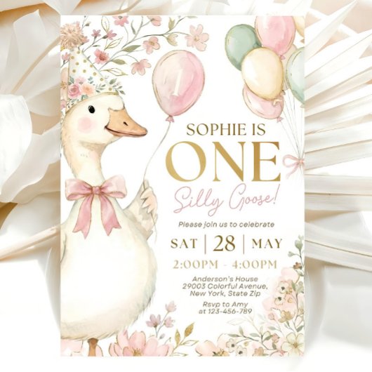 Pink Gingham Silly Goose 1st Birthday Invitation 招待状