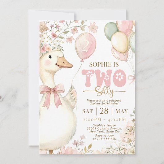 Pink Gingham Silly Goose 2nd Birthday Invitation  招待状 (正面)