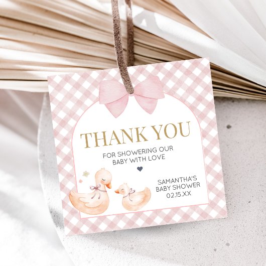 Pink Gingham Silly Goose Baby Shower フェイバータグ
