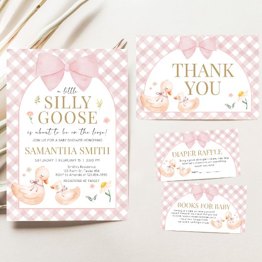 Pink Gingham Silly Goose Baby Shower 招待状