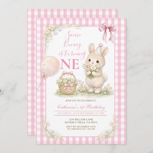 Pink Gingham Some Bunny Is Turning One Birthday 招待状 (正面/裏面)