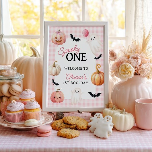 Pink Gingham Spooky One First Birthday Welcome ポスター