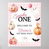 Pink Gingham Spooky One First Birthday Welcome ポスター (正面)
