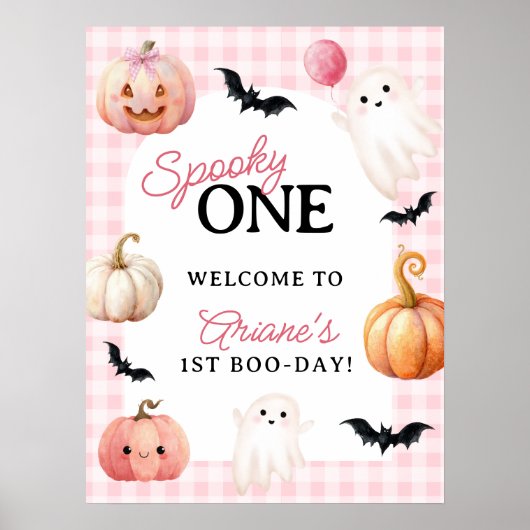 Pink Gingham Spooky One First Birthday Welcome ポスター (正面)