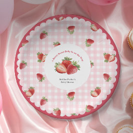 pink Gingham Strawberry-Baby Girl Shower ペーパープレート