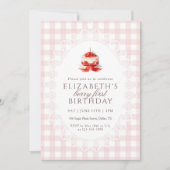Pink Gingham Strawberry Berry 1st Photo Birthday 招待状 (正面)
