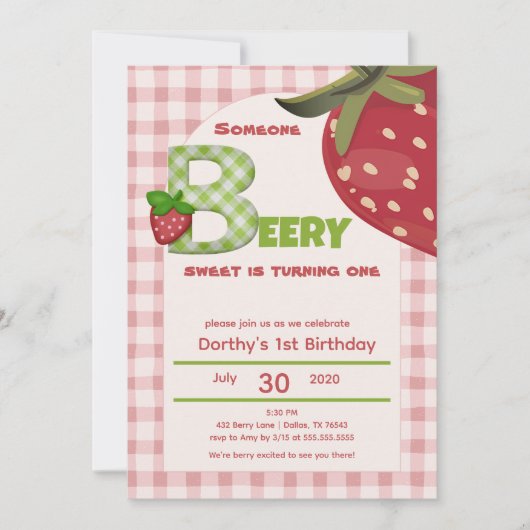 Pink Gingham Strawberry Berry First Birthday  Invi 招待状 (正面)