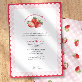 Pink Gingham Strawberry Berry Sweet Baby Shower 招待状