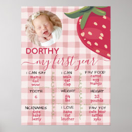 Pink Gingham Strawberry First Birthday Milestone  ポスター