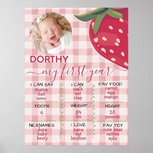Pink Gingham Strawberry First Birthday Milestone  ポスター (正面)