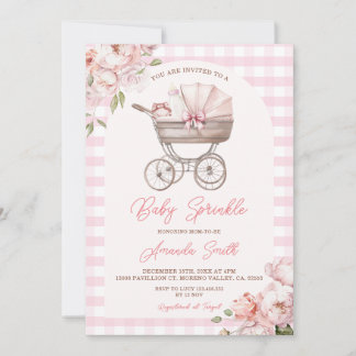 Pink Gingham Stroller Floral Girl Baby Sprinkle 招待状