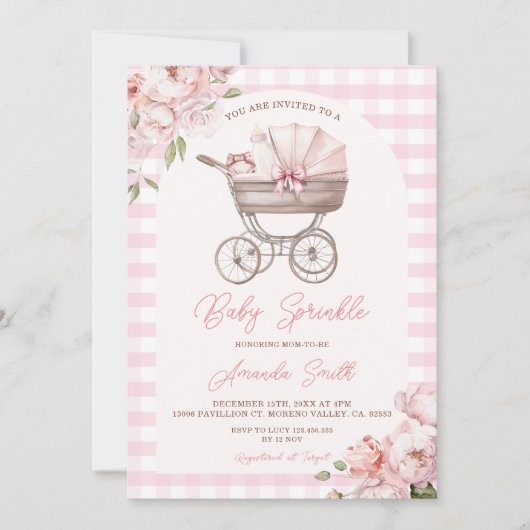 Pink Gingham Stroller Floral Girl Baby Sprinkle 招待状 (正面)
