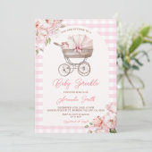 Pink Gingham Stroller Floral Girl Baby Sprinkle 招待状 (スタンド正面)