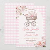 Pink Gingham Stroller Floral Girl Baby Sprinkle 招待状 (正面/裏面)