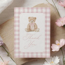 Pink Gingham Teddy Bear Baby Shower サンキューカード
