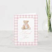 Pink Gingham Teddy Bear Baby Shower サンキューカード (正面)