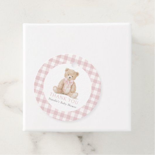 Pink Gingham Teddy Bear Baby Shower フェイバータグ (インサイチュ)