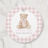 Pink Gingham Teddy Bear Baby Shower フェイバータグ (正面)