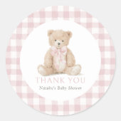 Pink Gingham Teddy Bear Baby Shower ラウンドシール (正面)