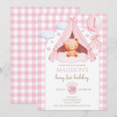 Pink Gingham Teddy Bear Balloon Girl 1st Birthday 招待状 (正面/裏面)