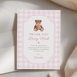 Pink Gingham Teddy Bear Beary First Birthday サンキューカード