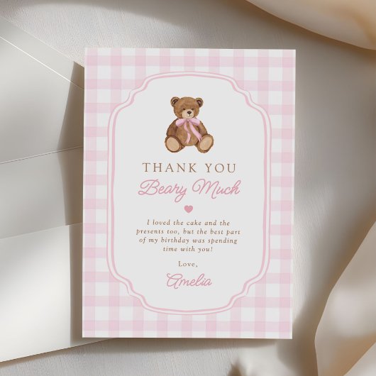 Pink Gingham Teddy Bear Beary First Birthday サンキューカード